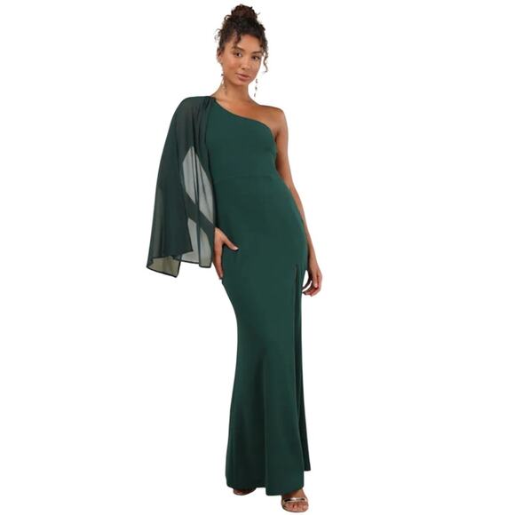 LULUS Majestic Attitude Emerald Green Cape Sleeve One-Shoulder Maxi Dress-Size S - Picture 1 of 9